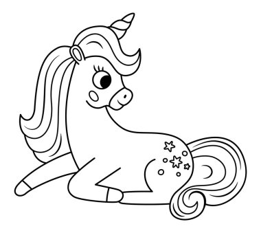 Boynuzu ve yelesi olan siyah beyaz tek boynuzlu bir at. Fantezi oturan hayvan. Çocuklar için peri masalı karakteri. Çizgi film sihirli yaratık simgesi veya boyama bezi