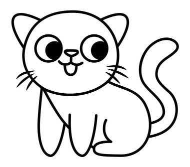 Çocuklar için siyah-beyaz kedi tasviri. Çocuklar için sevimli bir hayvan karakteri. Çizgi film ana hatları kedicik simgesi ya da boyama bezi