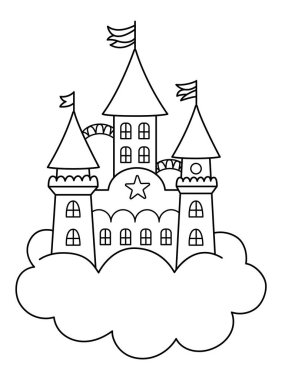 Vector black and white unicorn castle on cloud. Fantasy world palace line icon with towers, flags, roofs. Fairy tale princess house outline illustration or coloring pag clipart