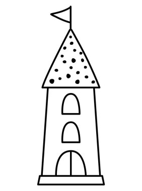 Vektör siyah beyaz çizgi film kulesi. Fantezi dünyası şatosu bayrağı olan yarı çizgi ikonu. Peri masalı prenses evi taslak çizimi ya da beyaz arka grubunda izole edilmiş renkli sayfa