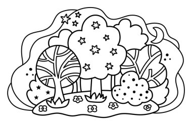 Kara ve beyaz sihirli orman manzarasını taşıyın. Ağaçların, yıldızların, çiçeklerin, ayın, gökyüzünün, çalıların olduğu peri masalı dünyası konsepti. Fantezi açık hava illüstrasyonu. Bitkilerle sevimli mistik boyama sayfası