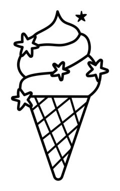 Tek boynuzlu at yıldızlı siyah beyaz gökkuşağı dondurma külahı. Peri masalı temalı doğum günü ya da yaz tatlısı. Tatlı çizgi sihirli çubuk şeker tasarımı elementi. Tatlı buz simgesi ya da boyama bezi
