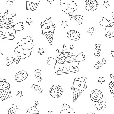 Şekerli, siyah-beyaz, pürüzsüz bir şekil. Tatlı çizgi gökkuşağı, tek boynuzlu at temalı arka plan pasta, dondurma, lolipop, pamuk şeker, çörek, kek