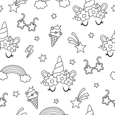 Siyah ve beyaz tek boynuzlu atların kusursuz desenleri. Peri masalı karakteri, korna, gökkuşağı, kayan yıldızlar ve gözlüklerle tekrar et. Fantezi dünyası dijital kağıt, boyama pag