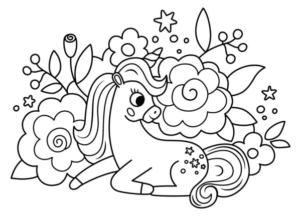 Siyah-beyaz boynuzlu, yeleli, çiçeklerle çevrili tek boynuzlu bir at. Çiçekli arka planda oturan bir hayvan fantezisi. Çocuklar için peri masalı karakteri. Sihirli yaratık simgesi, renkli pag