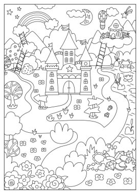 Vector siyah ve beyaz tek boynuzlu at temalı manzara çizimi. Şato, gökkuşağı, orman, hazine ve bahçeli peri masalı sahnesi. Sihirli doğa geçmişi. Çocuk için fantezi dünyası boyama sayfası