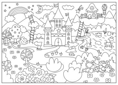 Vector siyah ve beyaz tek boynuzlu at temalı manzara çizimi. Şato, gökkuşağı, orman, hazine ve bahçeli peri masalı sahnesi. Sihirli doğa geçmişi. Çocuk için fantezi dünyası boyama sayfası