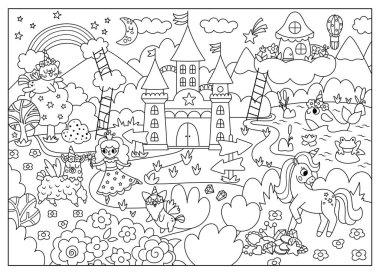 Vector siyah ve beyaz tek boynuzlu at temalı manzara çizimi. Şato ve gökkuşağıyla peri masalı sahnesi. Peri ve hayvanlarla büyülü bir geçmişi var. Çocuk için fantezi dünyası boyama sayfası