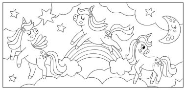 Tek boynuzlu atlar, gökkuşağı, bulutlar, yıldızlar. Büyü ya da fantezi dünyası sahnesi. Peri masalı yatay manzara ya da boyama sayfası. Çocuklar için şirin at çizimi