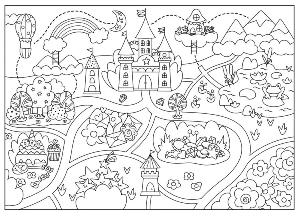 Tek boynuzlu at siyah beyaz köy haritası. Peri masalı geçmişi. Şatosu, gökkuşağı, ormanı, göleti, yolu olan vektör sihirli ülke boyama sayfası. Düşen yıldızlar, hazineler, tatlı dünya planı