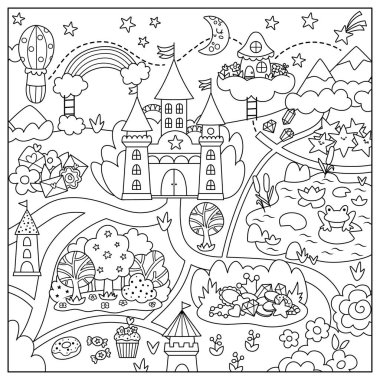 Tek boynuzlu at siyah beyaz köy haritası. Peri masalı geçmişi. Şatosu, gökkuşağı, ormanı, göleti, yolu olan vektör sihirli ülke boyama sayfası. Düşen yıldızlar, hazineler, tatlı dünya planı