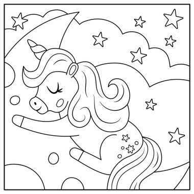 Tek boynuzlu atın yıldızların altında yarım ay üzerinde uyuduğu siyah beyaz bir arka plan. Büyü ya da fantezi dünyası sahnesi. Peri masalı manzara boyama sayfası. Sevimli gece gökyüzü çizimi