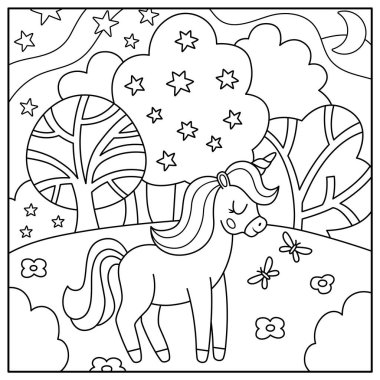 Tek boynuzlu at, tarla, sihirli orman, bulutlar, yıldızlar. Ağaçlı fantezi dünyası sahnesi. Peri masalı manzara boyama sayfası. Çocuklar için şirin bir gökyüzü çizimi
