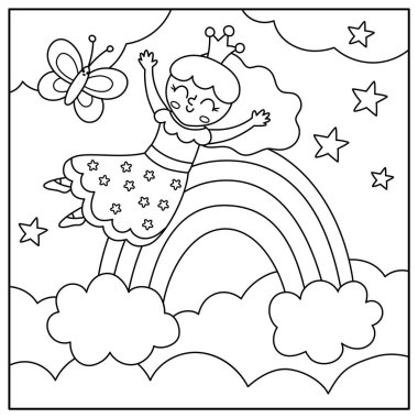 Siyah-beyaz arka plan ve yıldızların altında gökkuşağından kayan peri prensesi. Büyü ya da fantezi dünyası sahnesi. Peri masalı manzarası ya da boyama sayfası. Gece gökyüzü çizimi