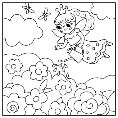 Uçan peri prensesin çiçekleri suladığı siyah beyaz bir arka plan. Büyü ya da fantezi dünyası sahnesi. Peri masalı manzarası ya da boyama sayfası. Çocuklar için güzel güneşli bir gün.