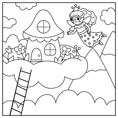 Peri prensesin bulutların üzerinde evine uçtuğu siyah-beyaz bir arka plan. Büyü ya da fantezi dünyası sahnesi. Peri masalı manzarası ya da boyama sayfası. Çocuklar için hoş bir illüstrasyon.