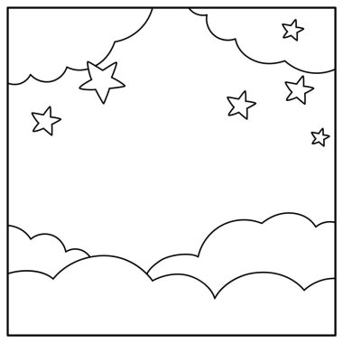 Bulutları ve yıldızları olan siyah beyaz vektör arkaplanı. Büyü ya da fantezi dünyası sahnesi. Tatlı peri masalı kare doğa manzarası ya da boyama sayfası. Çocuklar için gece gökyüzü çizimi