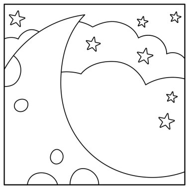 Vector siyah ve beyaz soyut arka plan bulutlar, yıldızlar, yarım ay. Büyü ya da fantezi dünyası sahnesi. Tatlı peri masalı kare doğa manzarası ya da boyama sayfası. Çocuklar için gece gökyüzü çizimi