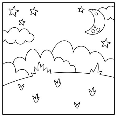 Vector siyah ve beyaz soyut arka plan bulutlar, yıldızlar, yarım ay. Büyü ya da fantezi dünyası sahnesi. Tatlı peri masalı kare doğa manzarası ya da boyama sayfası. Çocuklar için gece gökyüzü çizimi