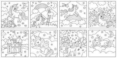 Vector black and white unicorn scenes set. Square backgrounds collection with little horse. Fantasy world line illustrations with rainbow, castle, magic forest, half moon, cloud, garde clipart