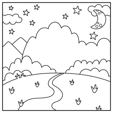 Uzağa uzanan yıldızlar, ay, orman, yol gibi soyut geçmişe sahip siyah beyaz vektör. Büyü ya da fantezi dünyası sahnesi. Tatlı peri masalı kare doğa manzarası, boyama bezi.