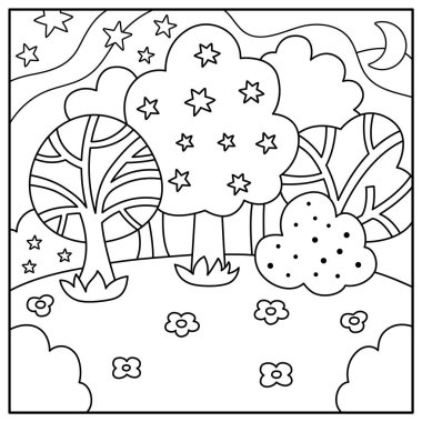 Sihirli ormanı, ağaç yıldızları olan siyah ve beyaz soyut bir arka plan. Büyü ya da fantezi dünyası sahnesi. Tatlı peri masalı kare doğa manzarası ya da boyama sayfası. Çocuklar için gece gökyüzü çizimi