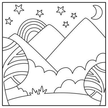 Bulutları, yıldızları, yarım ayı, ormanı, dağları olan siyah beyaz vektör. Büyü ya da fantezi dünyası sahnesi. Tatlı peri masalı kare doğa manzarası, boyama bezi.