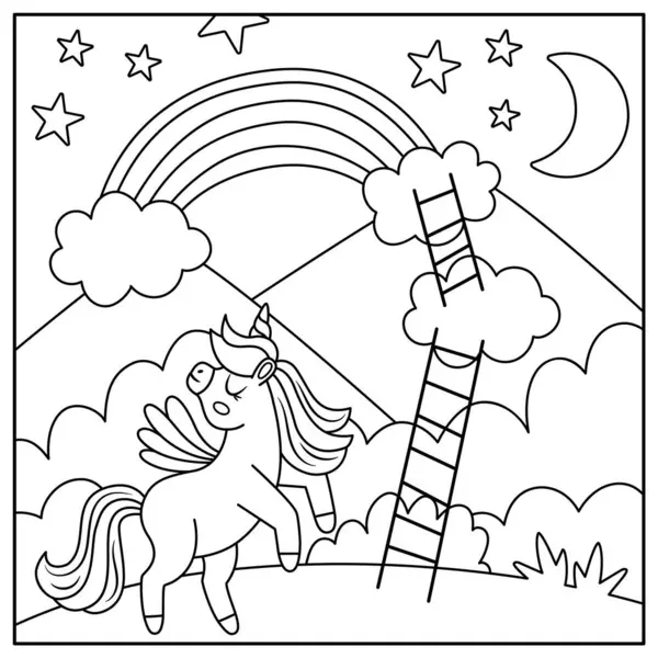 Bulutlardan gökkuşağına kadar merdivenleri olan tek boynuzlu atların olduğu siyah beyaz bir arka plan. Büyü ya da fantezi dünyası sahnesi. Peri masalı manzara boyama sayfası. Çocuklar için şirin at çizimi