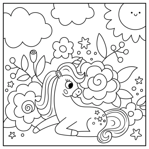 Bulutların altında çiçekli tek boynuzlu at ve siyah beyaz kare arka plan. Güneş. Büyü ya da fantezi dünyası sahnesi. Peri masalı manzara boyama sayfası. Sevimli güneşli gün çizimi