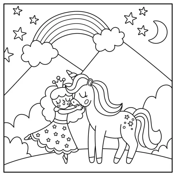 Siyah-beyaz arka plan, peri prensesin yıldızların altında tek boynuzlu ata sarılmasıyla. Büyü ya da fantezi dünyası sahnesi. Peri masalı manzarası ya da orman, gökkuşağı renklendirme sayfası
