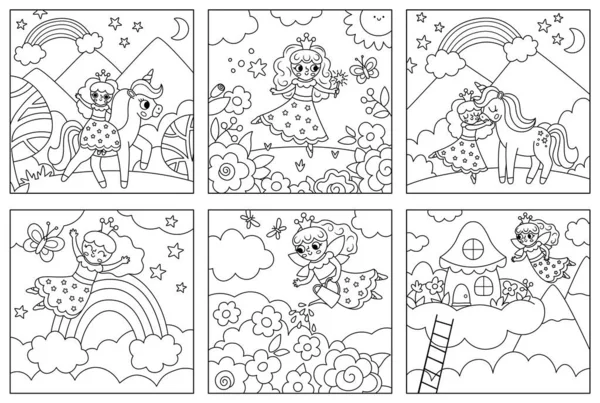 Siyah ve beyaz vektör perisi sahneleri ayarlandı. Küçük prensesle dörtgen arkaplan koleksiyonu. Tek boynuzlu at ve gökkuşağı olan sihir ya da fantezi dünyası çizimleri. Peri masalı manzarası ya da çocuklar için boyama sayfası