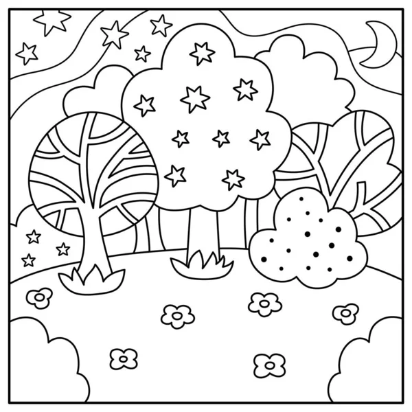 Sihirli ormanı, ağaç yıldızları olan siyah ve beyaz soyut bir arka plan. Büyü ya da fantezi dünyası sahnesi. Tatlı peri masalı kare doğa manzarası ya da boyama sayfası. Çocuklar için gece gökyüzü çizimi