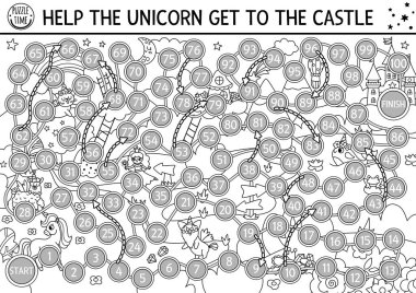 Hayvanları, perisi, gökkuşağı ve kalesi olan çocuklar için tek boynuzlu at siyah beyaz zar oyunu. Fantezi manzaralı peri masalı tahta oyunu. Sihirli dünya yazdırılabilir etkinlik, çalışma tablosu, boyama sayfası