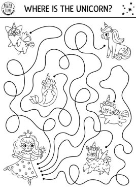 Perili çocuklar için siyah beyaz labirent ve boynuzlu fantezi hayvanları. Tatlı karakterli, basılabilir sihirli aktivite. Peri masalı labirent oyunu. Tek boynuzlu at çizgisi bulmacası nerede?
