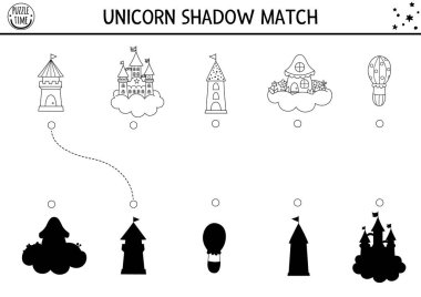 Tek boynuzlu at siyah beyaz gölgesi şatoyla, bulutlardaki peri eviyle, kulelerle eşleşiyor. Sihirli dünya bulmacası. Doğru siluet yazdırılabilir çalışma tablosunu bul. Çocuk için peri masalı boyama sayfası