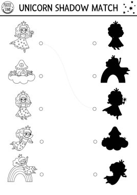 Siyah ve beyaz gölgeler küçük perilerle eşleşiyor. Sihirli dünya bulmacası. Doğru siluet yazdırılabilir çalışma tablosu bul, oyun. Küçük tek boynuzlu prensleri olan çocuklar için peri masalı boyama sayfası