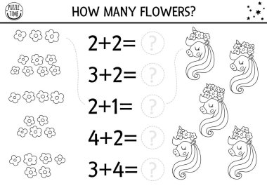 Siyah beyaz kaç tane çiçek oyunu şirin tek boynuzlu at kafalı. Sihir, masal çizgisi matematik ek aktivitesi. Çocuk için basit fantezi dünyası basılabilir çalışma tablosu veya boyama sayfası