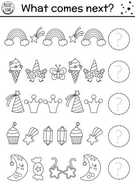 Sırada ne var? Tek boynuzlu at anaokulu çocukları için siyah beyaz eşleşme aktivitesi. Komik hayal dünyası bulmacası. Sihirli mantıksal çalışma tablosu. Satır oyununa ya da boyama sayfasına gökkuşağı ile devam et sta