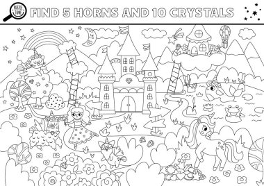 Vector black and white unicorn searching game with magic village landscape. Spot hidden crystals and horns. Fantasy or fairytale world seek and find printable activity or coloring page for kid clipart