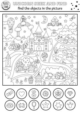 Sihirli köy manzaralı tek boynuzlu at vektör arama oyunu. Gizli nesneleri tespit et. Siyah ve beyaz peri masalı dünyası şatosu ve Rainbo 'su olan çocuklar için basılabilir etkinlik veya boyama sayfası arar ve bulur.