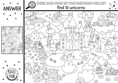 Sihirli köy manzaralı siyah-beyaz renk arama oyunu. Gizli tek boynuzlu atlar. Basit çizgi fantezisi ya da peri masalı şatosu ve gökkuşağı olan çocuklar için basılabilir etkinlik ara ve bul