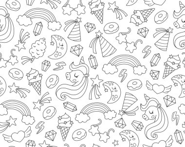 Tek boynuzlu atın doğum günü partisi için siyah ve beyaz vektör desenli. Kayan yıldız, kristal, donut, gökkuşağı, şeker gibi arka planda olanları tekrarla. Fantezi ya da masal dijital kağıt, boyama bezi