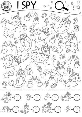 Tek boynuzlu at. Çocuklar için casusluk oyunu. Gökkuşağı, hayvanlar ve kayan yıldızlarla arama ve sayma faaliyetleri. Sihirli ya da fantezi basılabilir çalışma tablosu. Peri masalı bulmacası, boya bezi