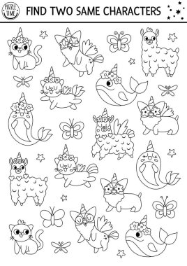 Aynı tek boynuzlu attan iki hayvan bul. Sihirli dünya çocuklar için siyah ve beyaz eşleştirme aktivitesi. Fantezi ya da çocuklar için peri masalı eğitim bilgi yarışması. Basit yazdırılabilir oyun veya renklendirilebilir sayfa