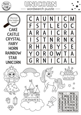 Vector black and white unicorn wordsearch puzzle for kids. Magic word search quiz. Educational activity with fairy, rainbow, castle, crystals, star. Fairytale or fantasy world cross word, coloring pag clipart