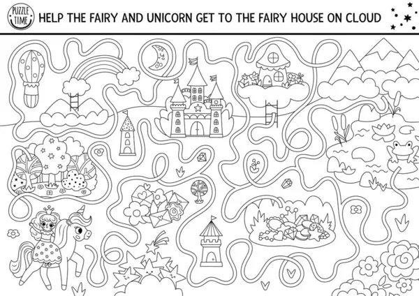 Tek boynuzlu at, ülke haritası, şatosu, peri evi olan çocuklar için siyah beyaz labirent. Dağlı, göletli, gökkuşaklı sihirli bir aktivite. Peri masalı çizgisi labirent oyunu, bulmaca, renklendirme pag