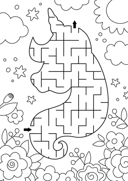 独角兽黑色和白色的儿童几何迷宫 童话线的学前教育可打印的活动形状像马头与花园的花朵 魔术或幻想迷宫游戏拼图 彩色拼图 图库矢量图片