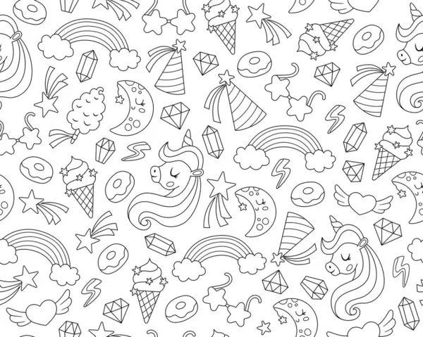 独角兽生日宴会的矢量黑白无缝图案 重复背景与流星 甜甜圈 幻想或童话般数字纸 着色桶 图库插图
