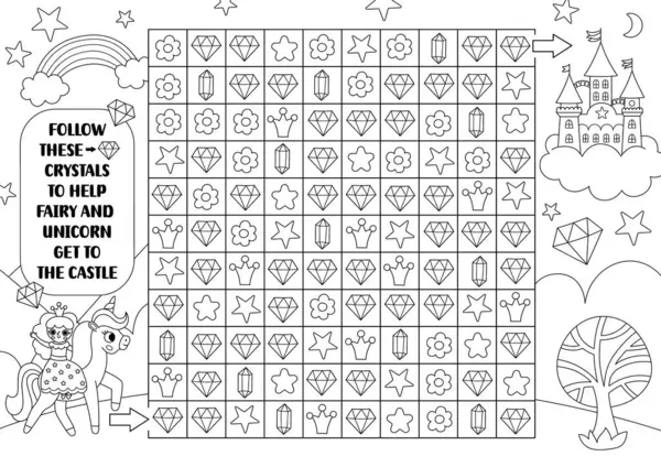 独角兽黑色和白色的迷宫 寻找和寻找与宝石 花的游戏 童话故事可供孩子们印刷的活动 逻辑搜索难题 彩色页面 跟随水晶来帮助仙女施法 免版税图库矢量图片