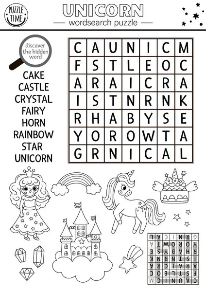 Vector Schwarz Weißes Einhorn Wortsuchrätsel Für Kinder Zauberwort Suchquiz Pädagogische lizenzfreie Stockvektoren
